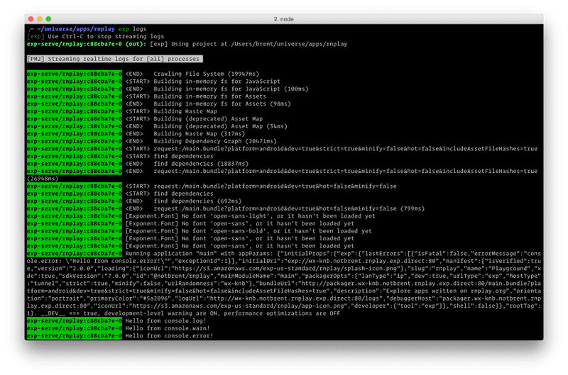 Terminal output from running xde logs